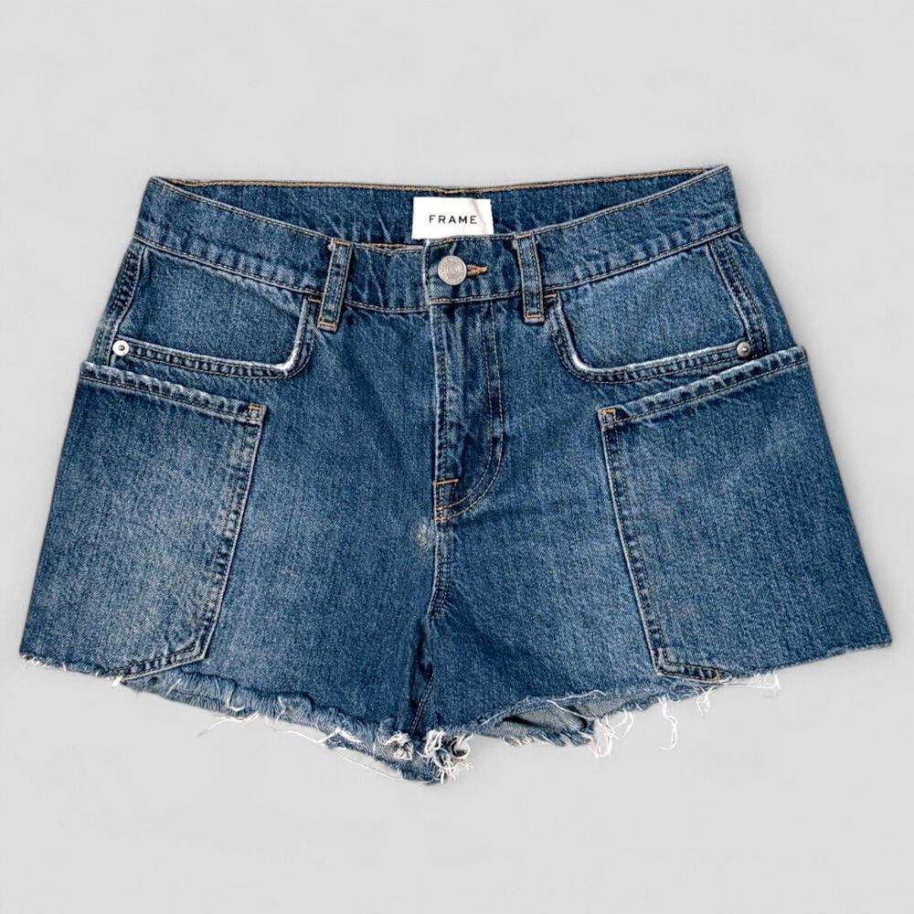 FRAME Cutoff Jean Women's Shorts Mid-Rise Pockets Denim Distressed Hem Size 25